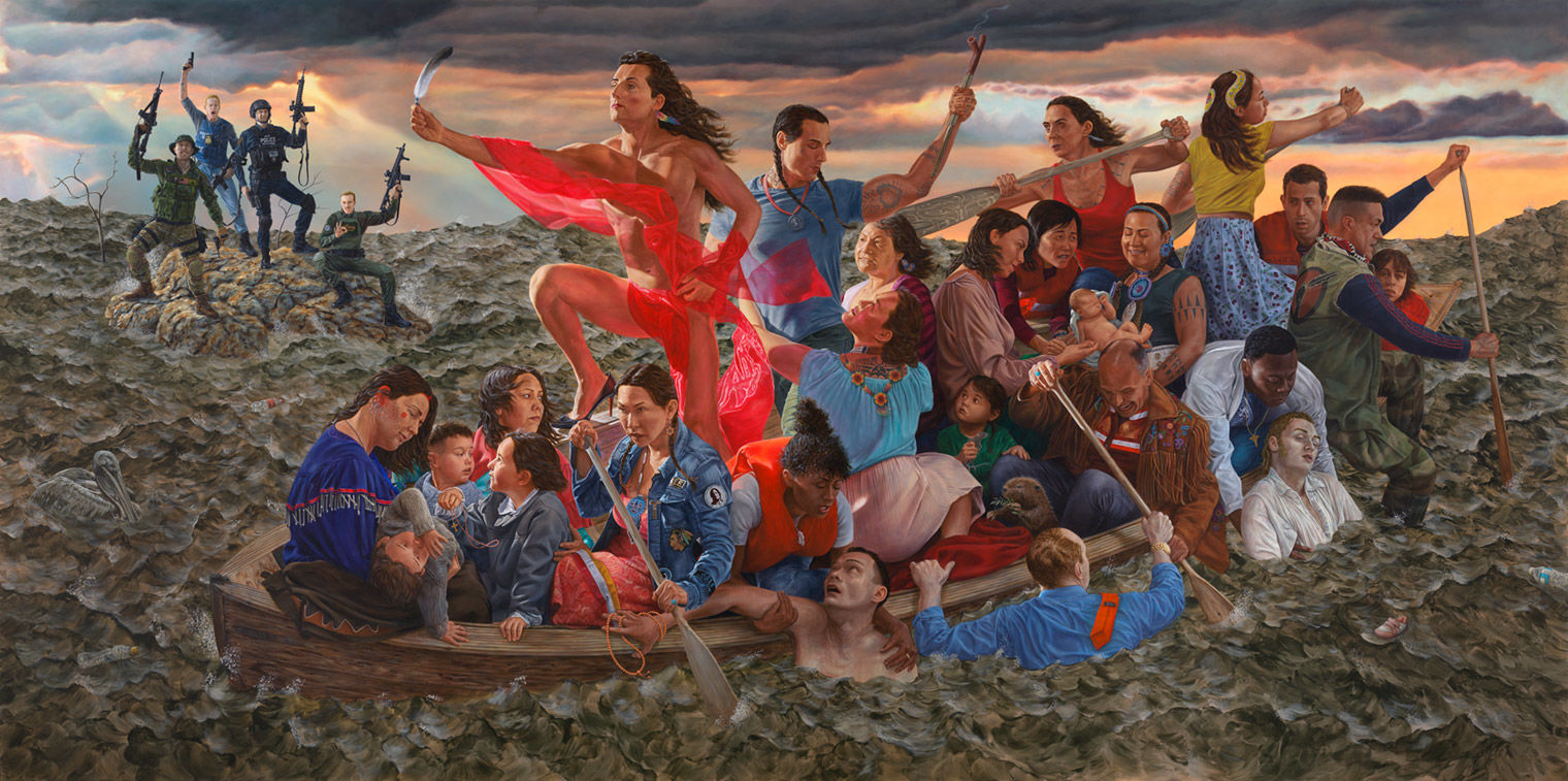 A painting of a crowded boat being rowed through choppy waters, with a woman standing at the bow holding forward a feather