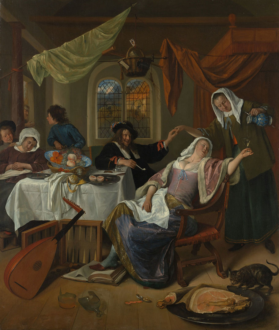 In a rowdy tavern, a maid pours a drink for a woman while her husband flirts nearby. Food falls off the table and a cat steals a piece of meat.