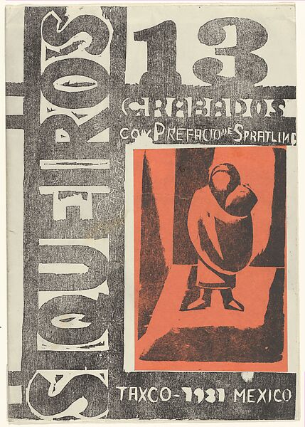 Front cover to "Siqueiros 13 Grabados", David Alfaro Siqueiros Mexican, Woodcut on orange paper pasted to the cover