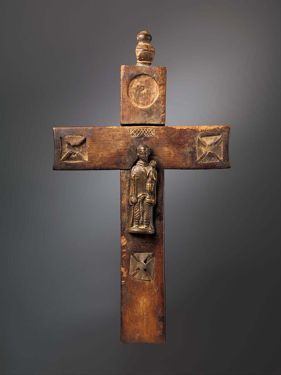 Crucifix with Saint Anthony of Padua, Kongo artist, Brass, wood, lead-tin alloy sheet, plant fiber cord, Kongo