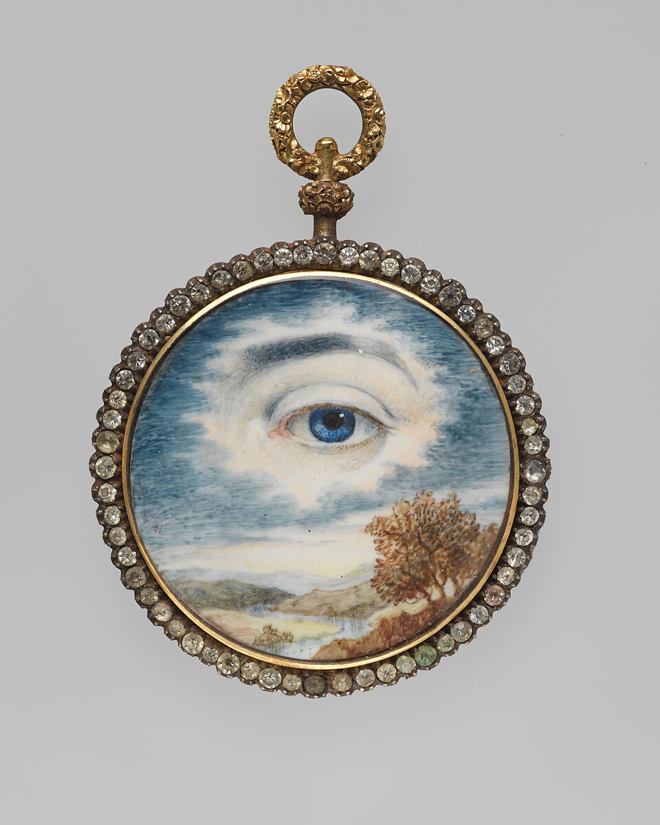Lover's Eye locket, Watercolor miniature on ivory set in a gold locket with blue enamel, seed pearls, stones, and hair, Probably British