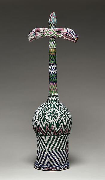 Ceremonial Palm Wine Vessel, Grassfields artists, Gourd, glass beads, cloth, cane, wood, Grassfields region