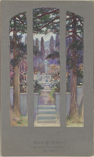 Design for Garden Landscape window, Linden Hall, residence of Sarah Cochran, Dawson, Pennsylvania, Louis C. Tiffany American, Transparent and opaque watercolor, and graphite on collage of paper mounted on paperboard, American