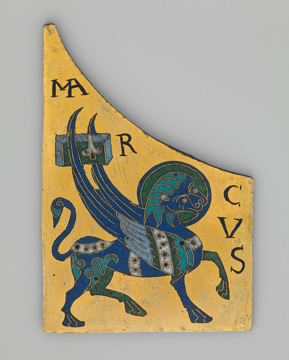 Plaque with the Symbol of the Evangelist Mark, Champlevé and cloisonné enamel on gilded copper, French