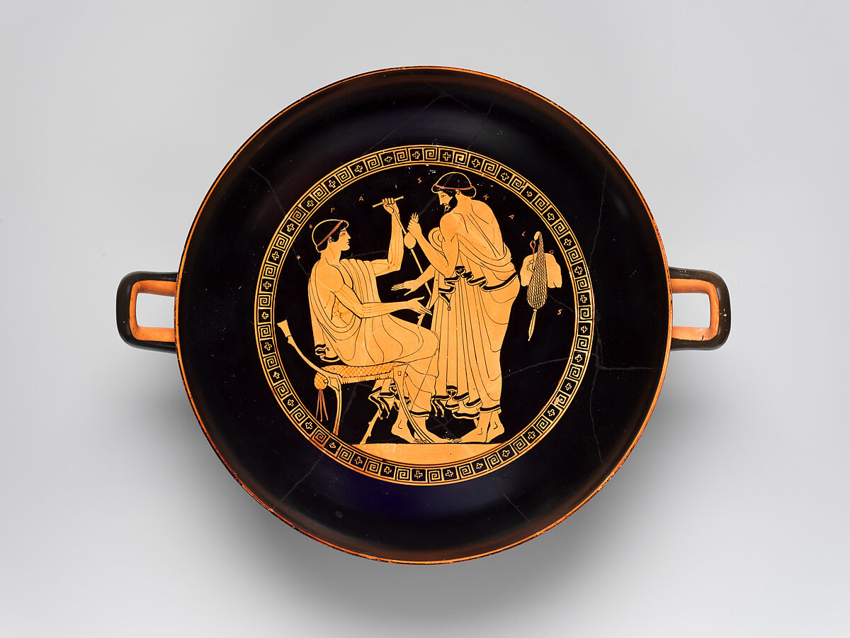 Terracotta kylix (drinking cup), Douris, Terracotta, Greek, Attic