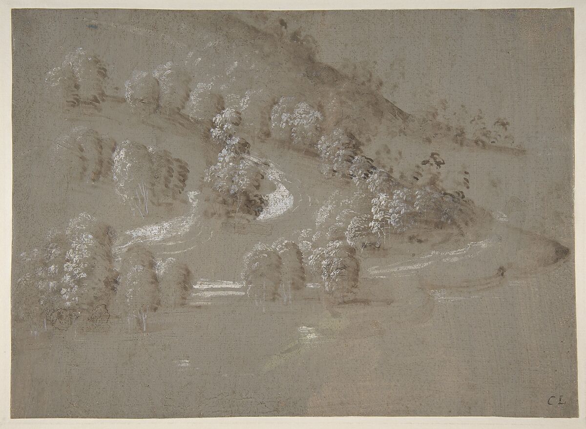 Landscape (recto); Landscape (verso), Perugino (Pietro di Cristoforo Vannucci) Italian, Brush and brown wash, highlighted with white gouache, on gray-green prepared paper (recto); pen and brown ink on unprepared off-white paper (verso)