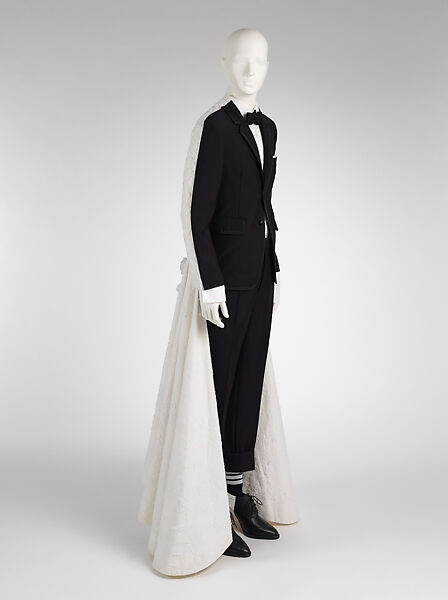 Ensemble, Thom Browne American, (a) wool, cotton, silk, synthetic; (b) wool, metal; (c) cotton, silk; (d) wool, cotton, cupro; (e, f) cotton, nylon, silk; (g, h) leather, silk, American