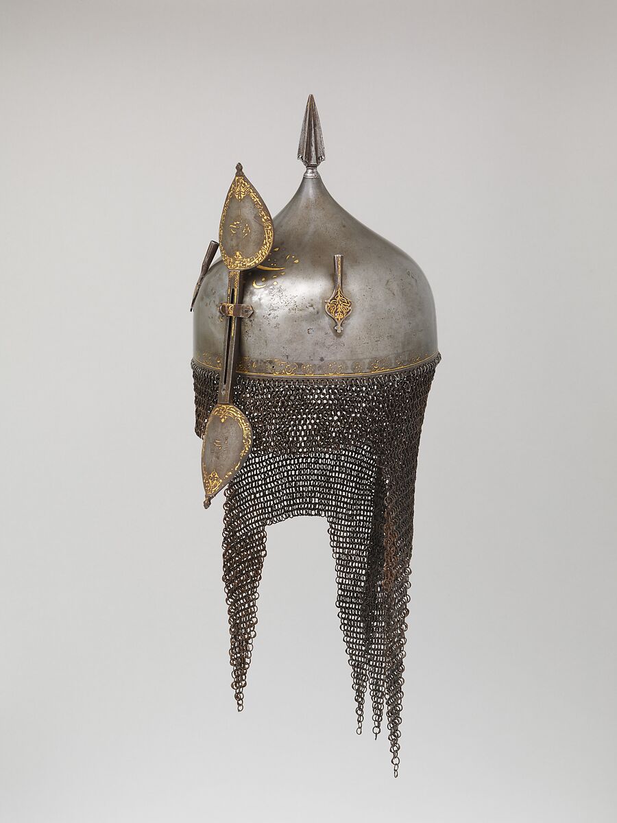 Helmet, Steel, iron, gold, Indian, Deccan, possibly Golconda