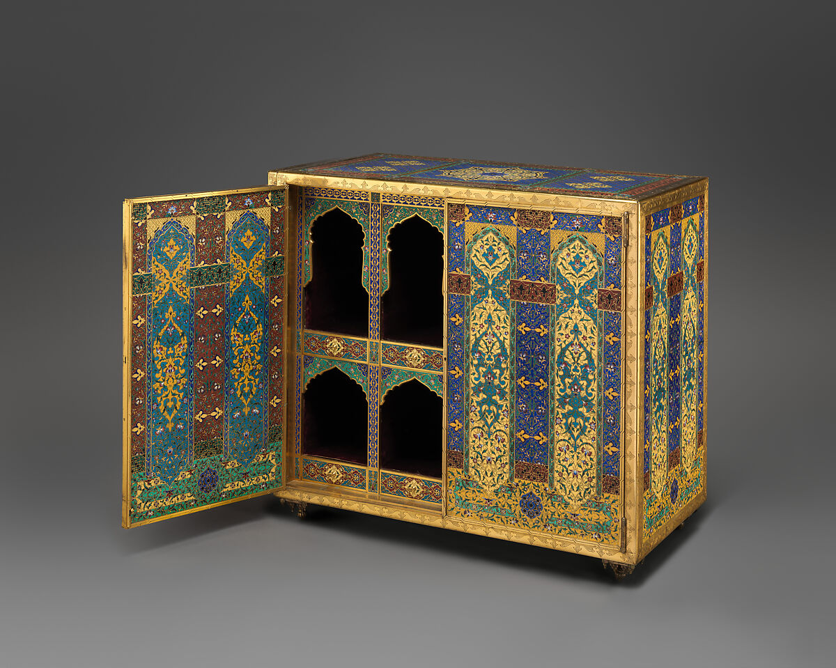 Cabinet, Maison Barbedienne French, Brass, with polychrome cloisonné enamel; velvet, French, Paris