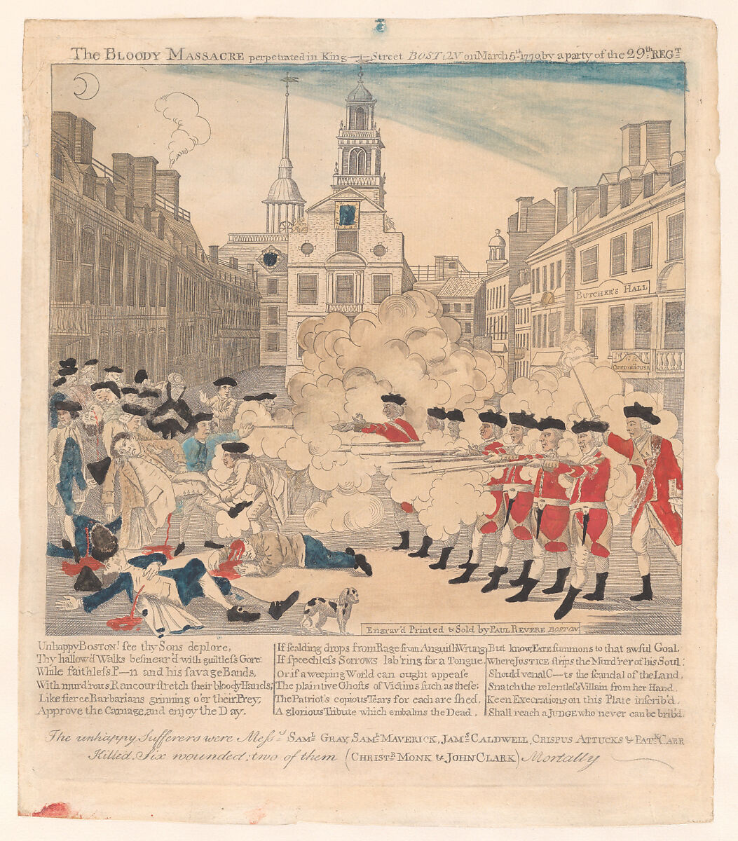 The Boston Massacre, or, The Bloody Massacre perpetrated in King Street, Boston on March 5, 1770 by a party of the 29th Regiment, Paul Revere Jr.  American, Hand-colored engraving and etching; second state