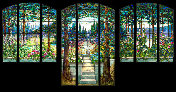 3-part Garden landscape window for Linden Hall, Agnes F. Northrop American, Leaded Favrile glass
