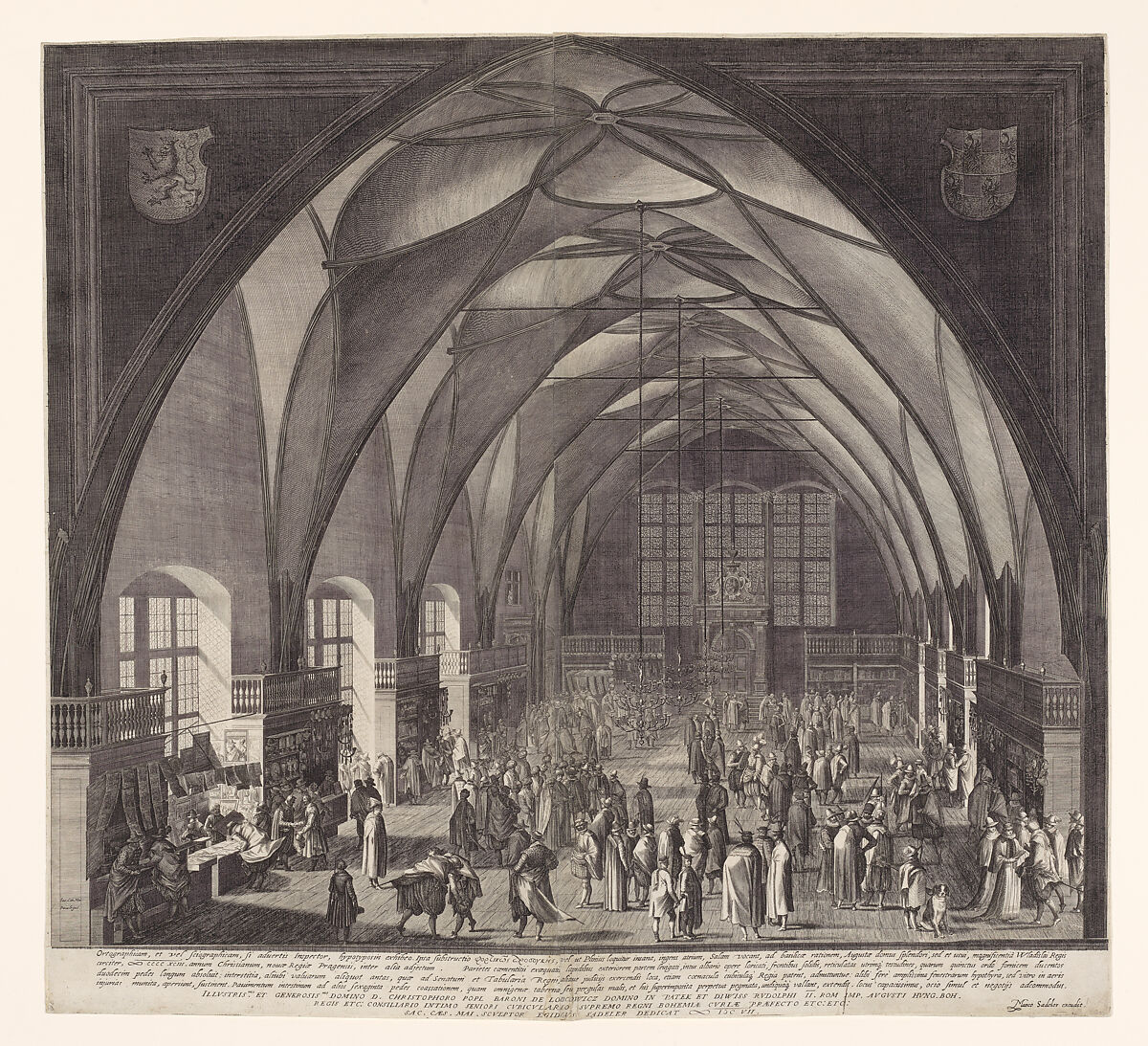 Interior View of Vladislav Hall at Prague Castle during the Annual Fair, Aegidius Sadeler II Netherlandish, Engraving