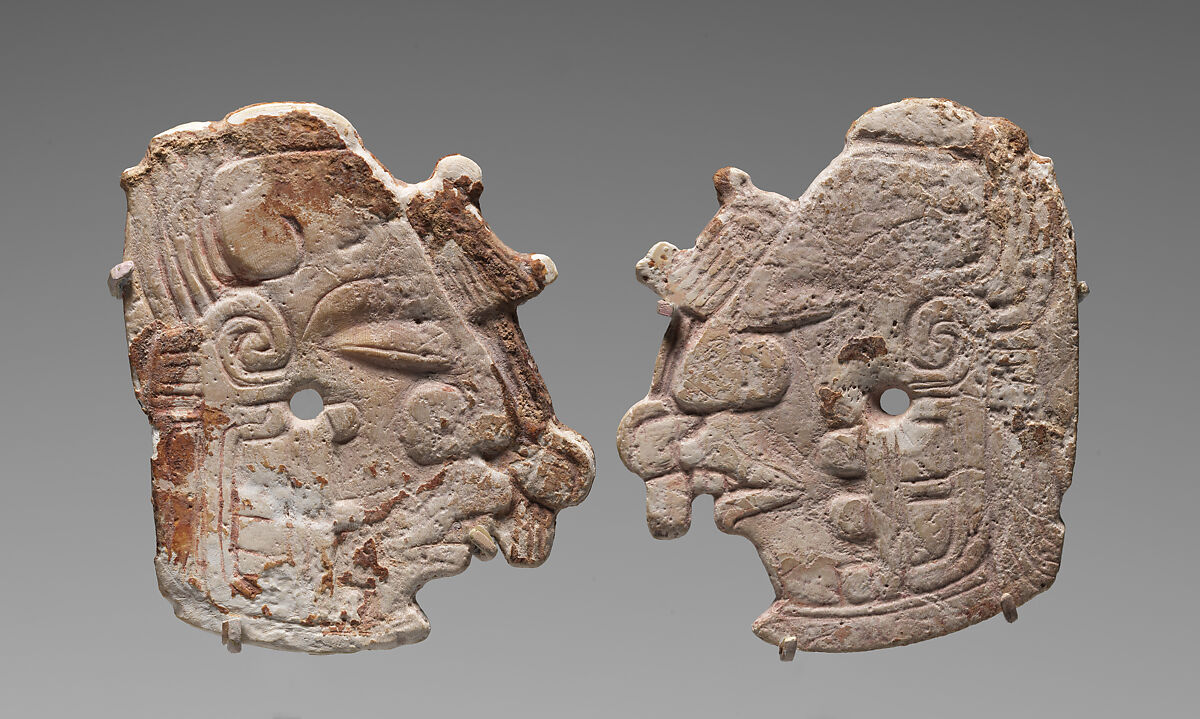 Pair of carved ornaments with the Maize God, Maya artist(s), Shell, Maya