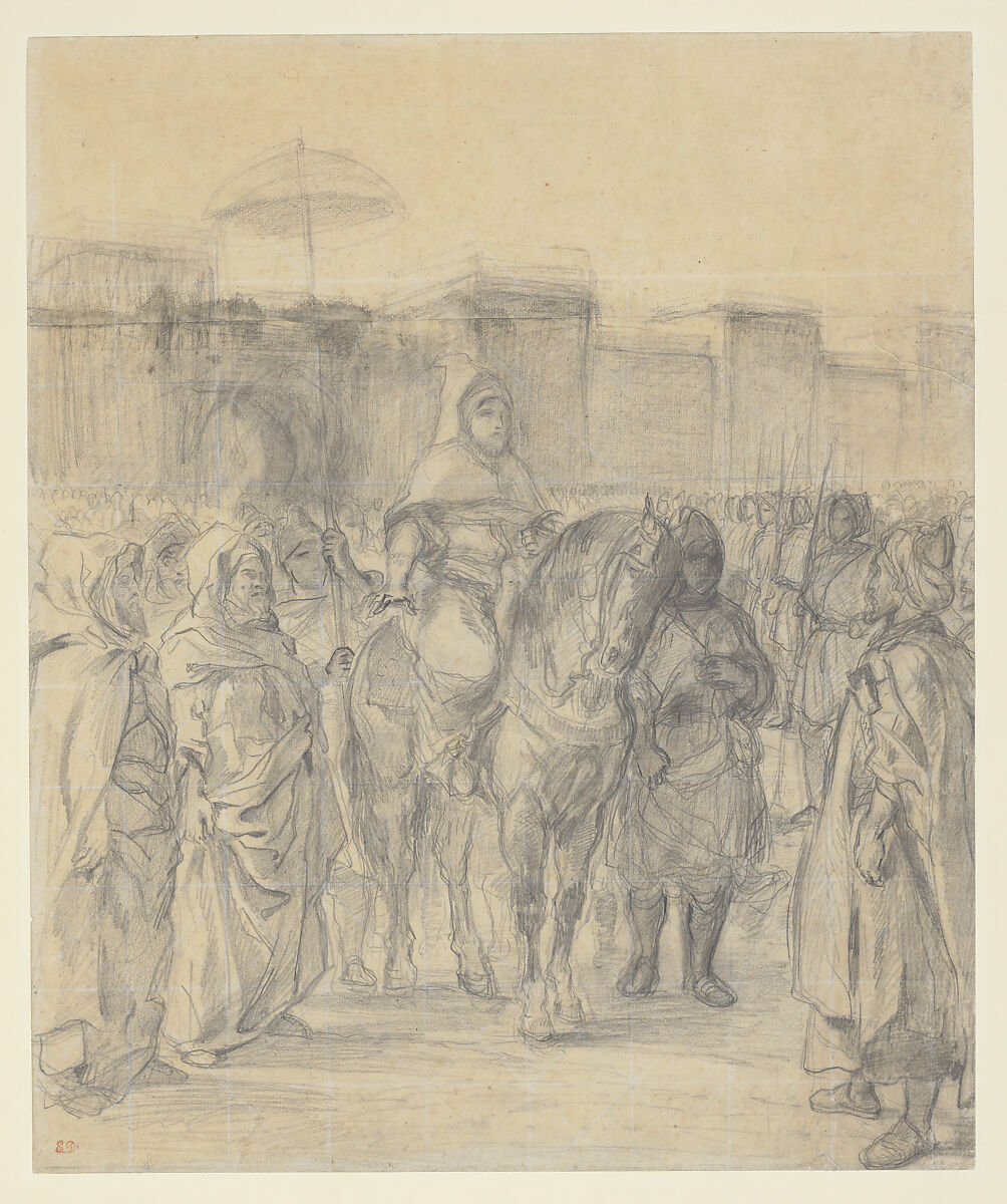 Study for "The Sultan of Morocco and His Entourage", Eugène Delacroix French, Graphite; squared in white chalk