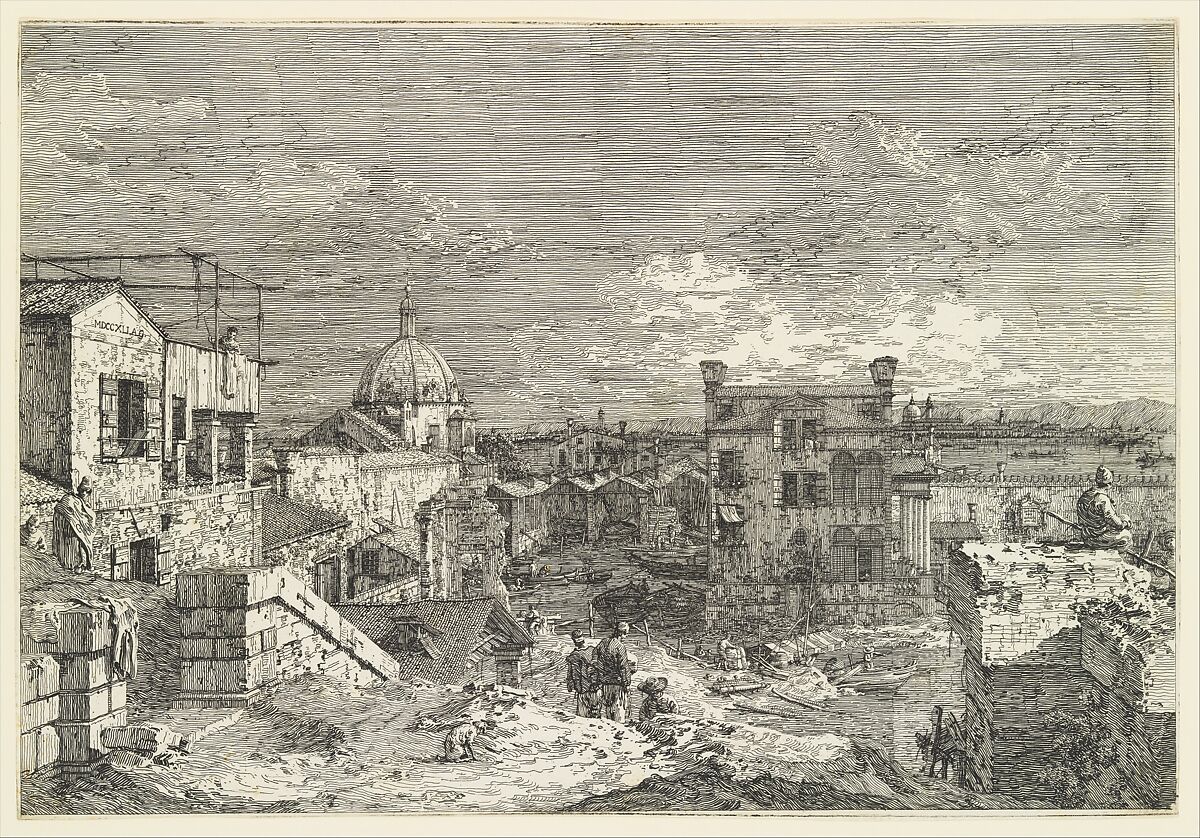 Imaginary View of Venice, houses at left with figures on terraces, a domed church at center in the background, boats and boat-sheds below, and a seated man observing from a wall at right in the foreground, from "Views" (Vedute altre prese da i luoghi altre ideate da Antonio Canal), Canaletto (Giovanni Antonio Canal) Italian, Etching; undivided plate, only state