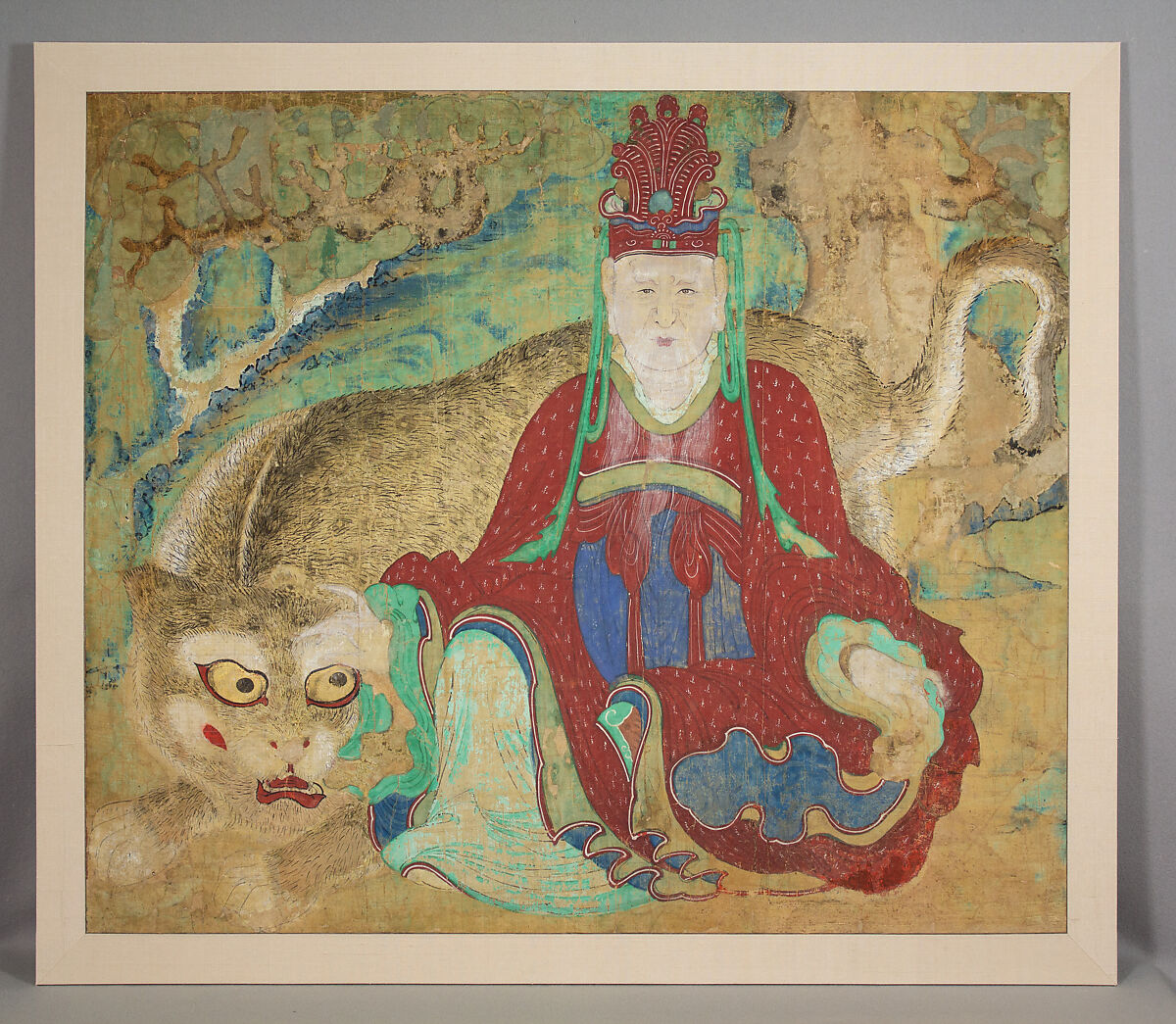 Mountain god with tiger, Unidentified artist , Korean, Framed painting; ink and color on silk, Korea