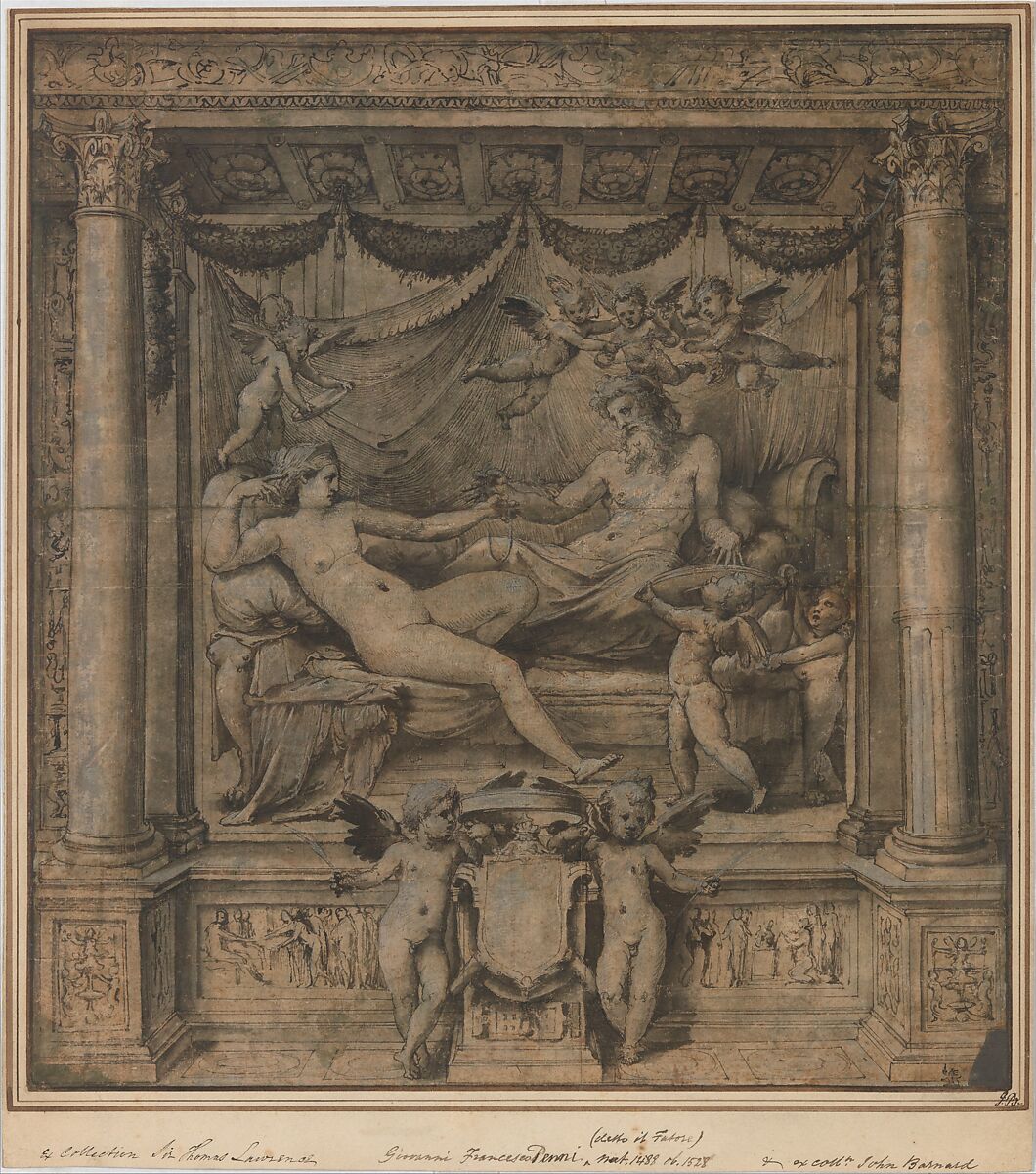 Jupiter and Juno: Study for the "Furti di Giove" Tapestries, Perino del Vaga (Pietro Buonaccorsi) Italian, Pen and dark brown ink, brush and brown and gray wash, highlighted with white gouache