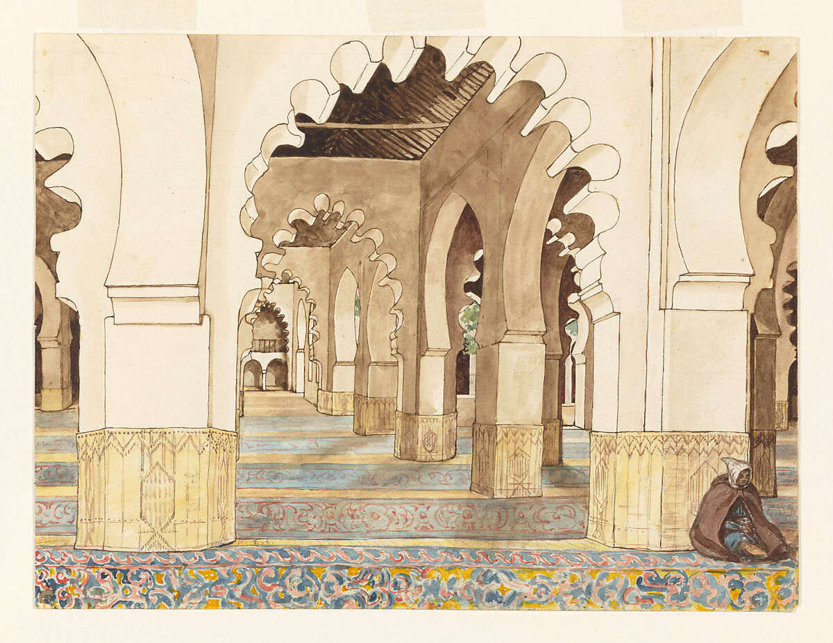 Interior View of the Prayer Hall, Djamaa el Kebir, Olivier Bro de Comères French, Watercolor and pen and ink over graphite