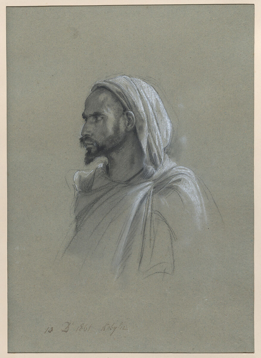 Study of a Kabyle Man, Algeria, December 10, 1861, Isidore Pils French, Black and white chalk on gray paper