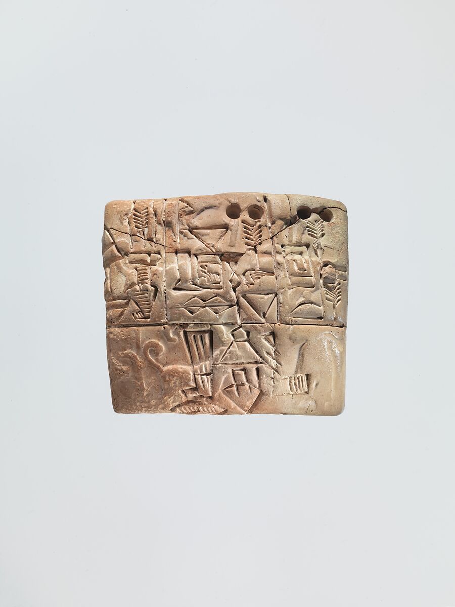 Proto-Cuneiform tablet with seal impressions: administrative account of barley distribution with cylinder seal impression of a male figure, hunting dogs, and boars, Clay, Sumerian