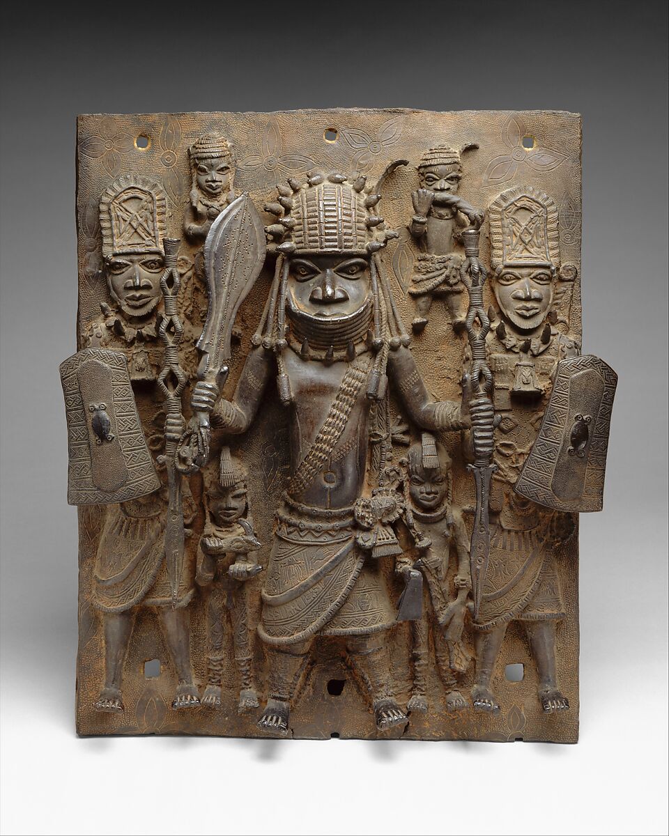 Plaque with Warrior and Attendants, Ìgùn Ẹ́rọ̀nwwọ̀n (brass-casting guild) artists, Brass, Edo peoples