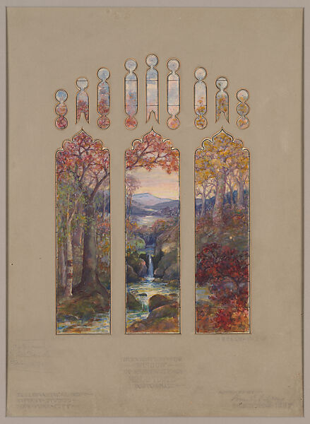 "Suggestion for Window in Residence of Mr. L.D. Towle, Boston, Massachusetts", Louis C. Tiffany American, Transparent and opaque watercolor, ink and graphite on paper mounted on paperboard with window mat, American