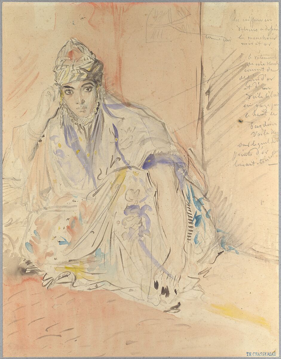 Jewish Woman of Algiers Seated on the Ground, Théodore Chassériau French, Watercolor over graphite on wove paper (trimmed and laid down on blue wove paper)