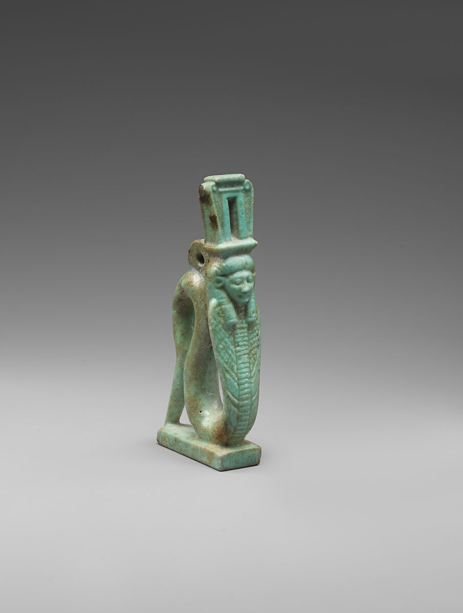Amulet of a rearing cobra with a Hathor-emblem head, Faience