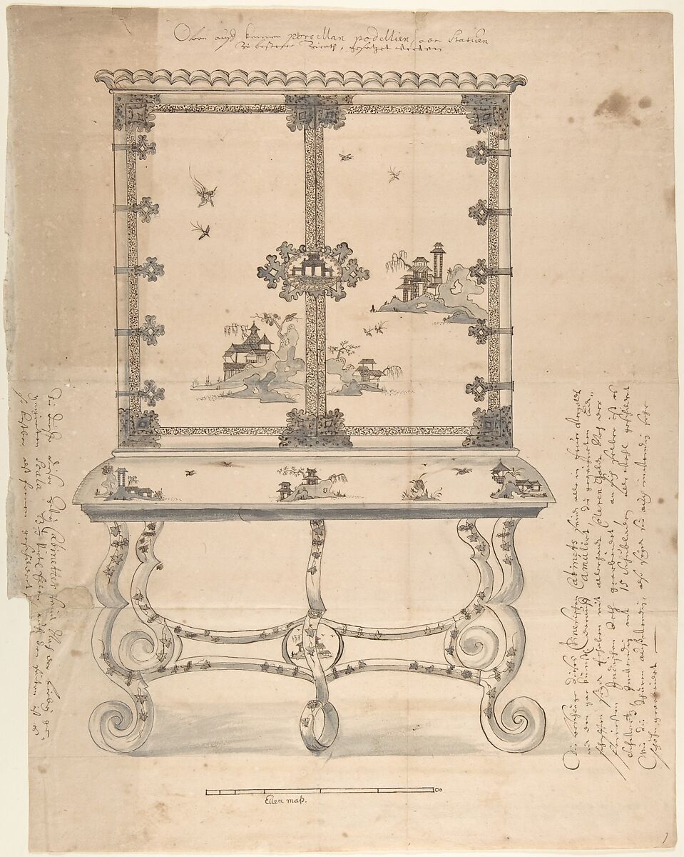 Design for a Chinese-style Lacquer Cabinet, Anonymous, German, 18th century German, Pen and black ink, brush and gray and brown wash