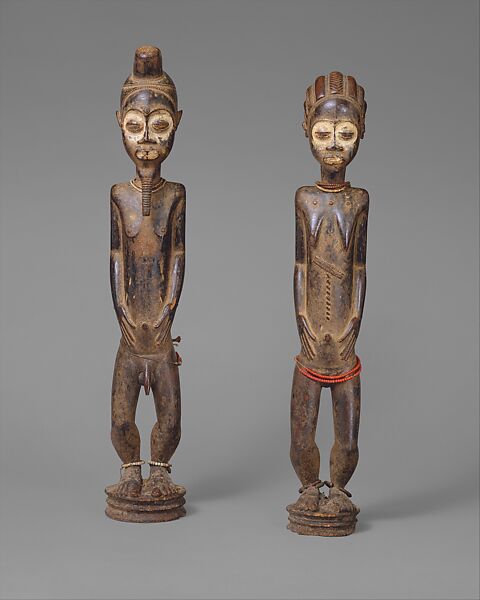 Pair of Diviner's Figures, Baule artist Baoulé, Wood, pigment, beads, iron, Baule peoples