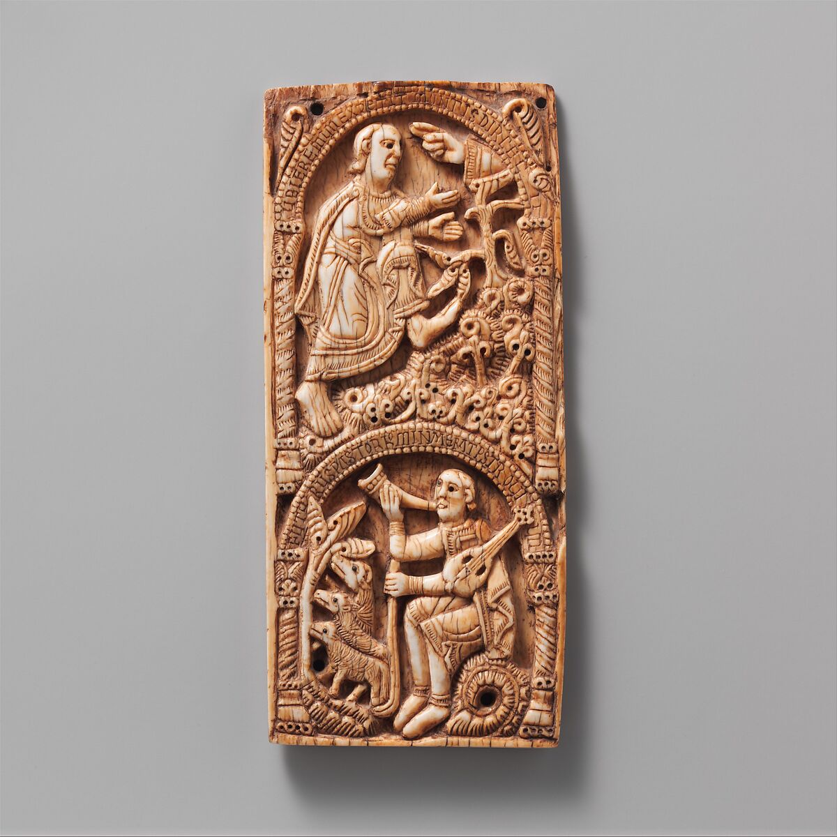 Panel with San Millán, Master Engelram and his son Redolfo Spanish, Elephant ivory, with glass inlay, Spanish