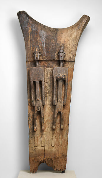 Togu na support post with male and female figures, Mande numu (blacksmith), Wood, metal, Dogon peoples