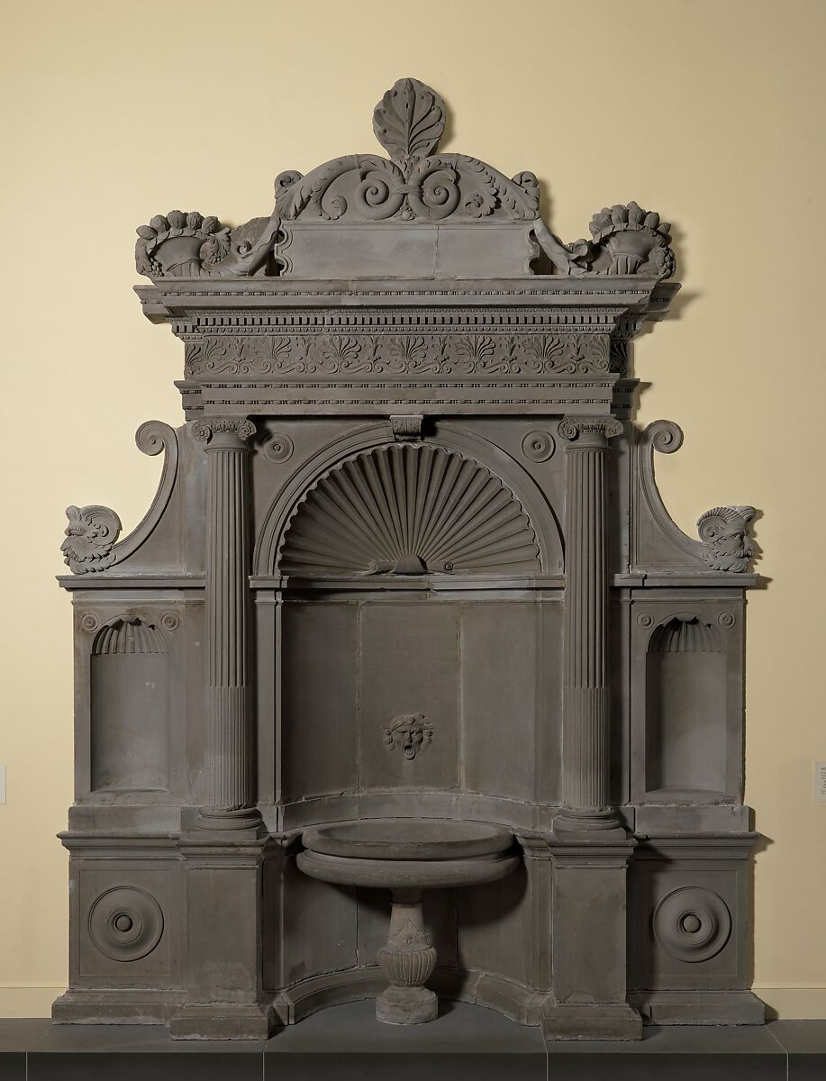 Wall fountain, Simone Mosca Italian, Grey sandstone (pietra serena), Italian, Florence