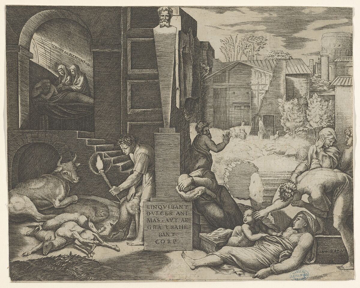A plague scene at right, a man at left holding a torch illuminating part of the scene at left, sick people at the right, Marcantonio Raimondi Italian, Engraving (heavily reworked)