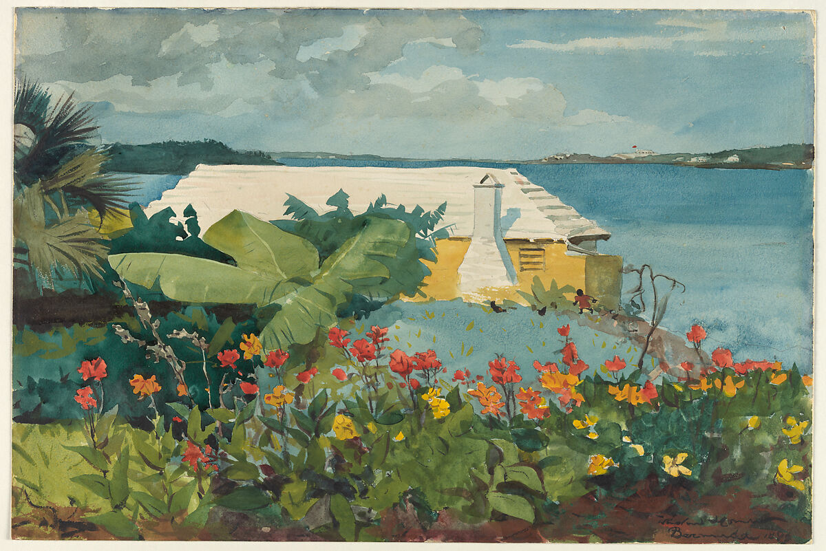 Flower Garden and Bungalow, Bermuda, Winslow Homer American, Watercolor and graphite on off-white wove paper, American