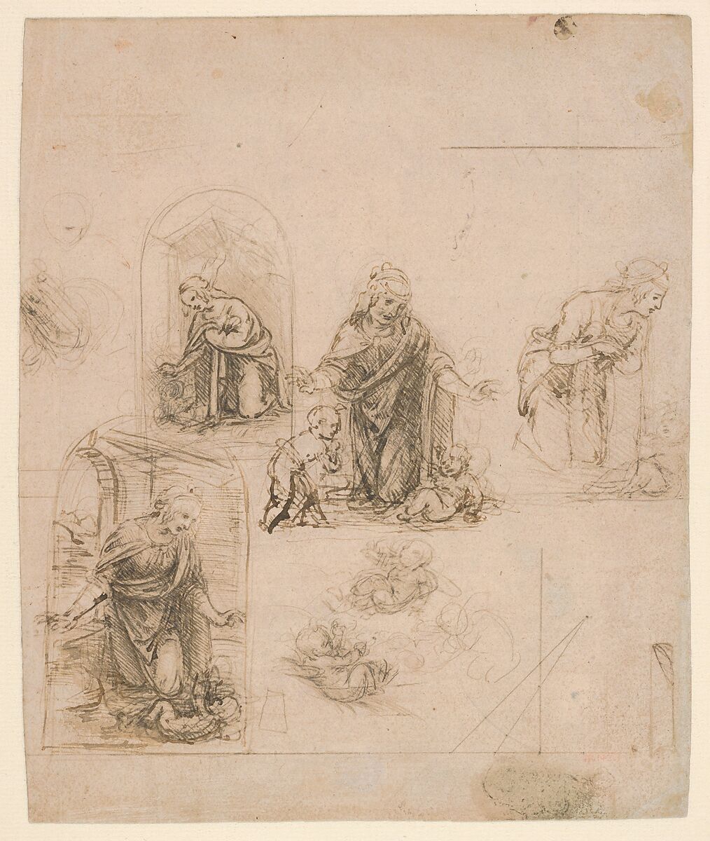 Compositional Sketches for the Virgin Adoring the Christ Child, with and without the Infant St. John the Baptist; Diagram of a Perspectival Projection (recto); Slight Doodles (verso), Leonardo da Vinci Italian, Silverpoint, partly reworked by the artist with pen and dark brown ink on pink prepared paper; lines ruled with metalpoint (recto); pen and brown ink (verso)