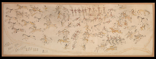 The Battle of the Little Bighorn, Standing Bear/ Mató Nájin Minneconjou Lakota/Teton Sioux, Pencil, ink, and watercolor on muslin, Minneconjou Lakota/ Teton Sioux, Native American