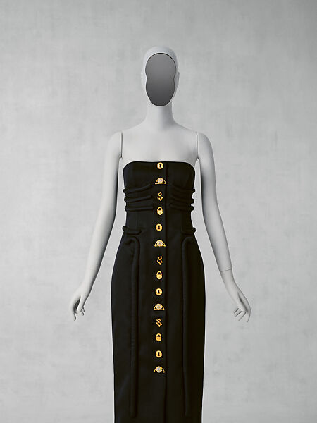 Dress, Schiaparelli French, wool, brass, enamel, French