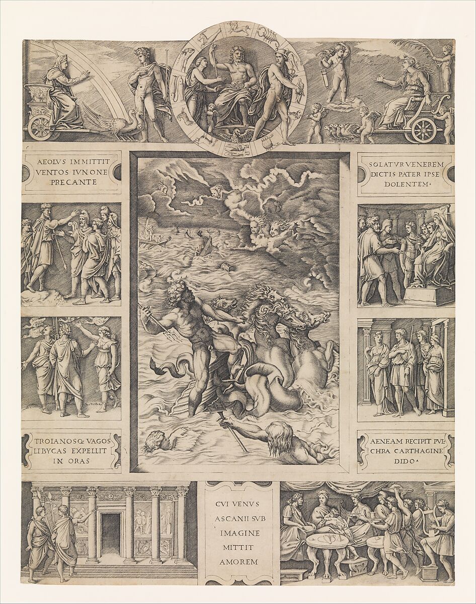 Neptune calming the tempest which Aeolus raised against Aeneas' fleet, from Book I of the Aeneid, Marcantonio Raimondi Italian, Engraving