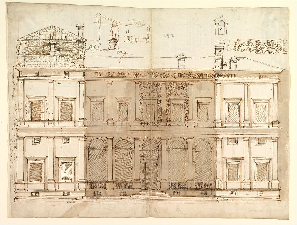 Villa of Agostino Chigi (La Farnesina), Rome, north façade, with ornamental detailing (recto); Villa of Agostino Chigi (La Farnesina), Rome, plan and moulding profiles (verso), Anonymous, French, 16th century French, Pen and dark brown ink, black chalk, and incised lines