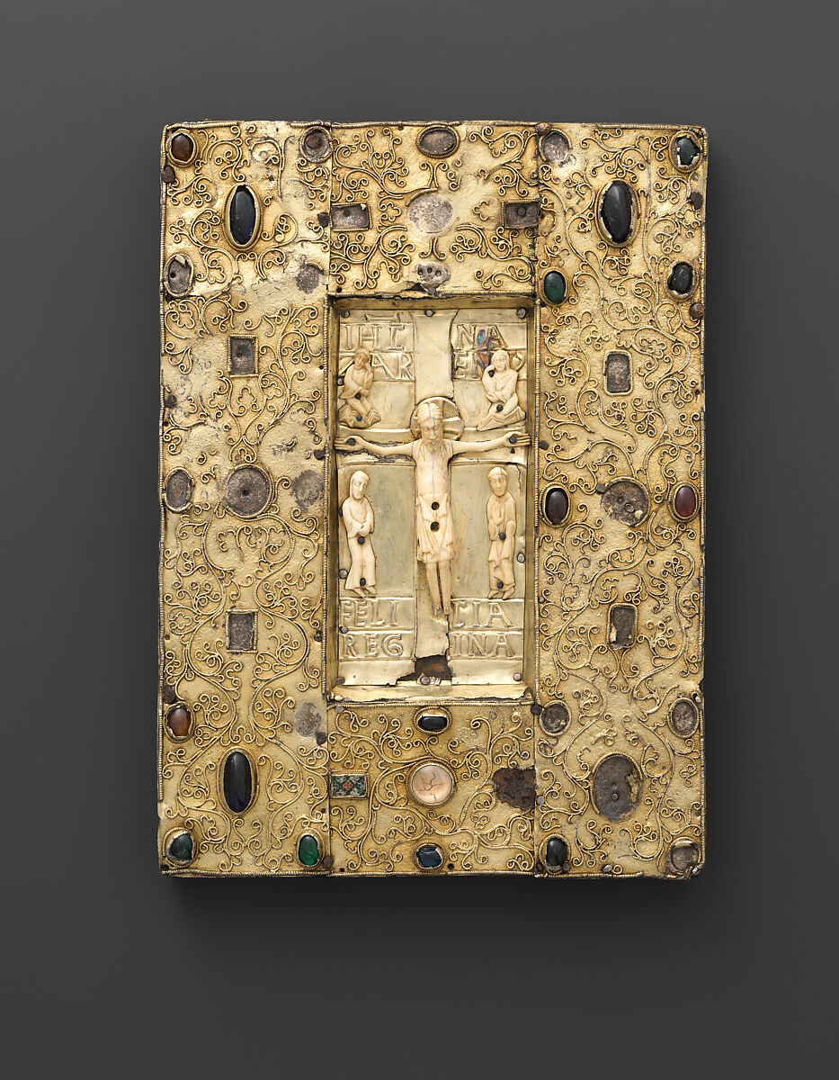 Panel with an Ivory Crucifixion Scene, Gilded silver on wood backing, inset with glass and cloisonné enamel, Spanish