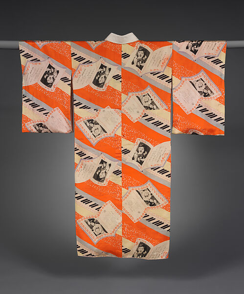 Woman’s Under-Kimono (Nagajuban) with Piano Keys and Libretti from Two Songbooks
, Silk with printed design, Japan