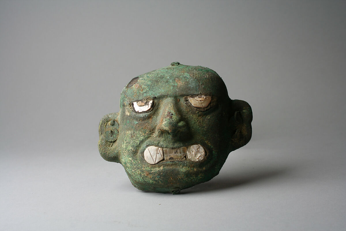 Face Mask Ornament, Silvered copper, shell, Moche