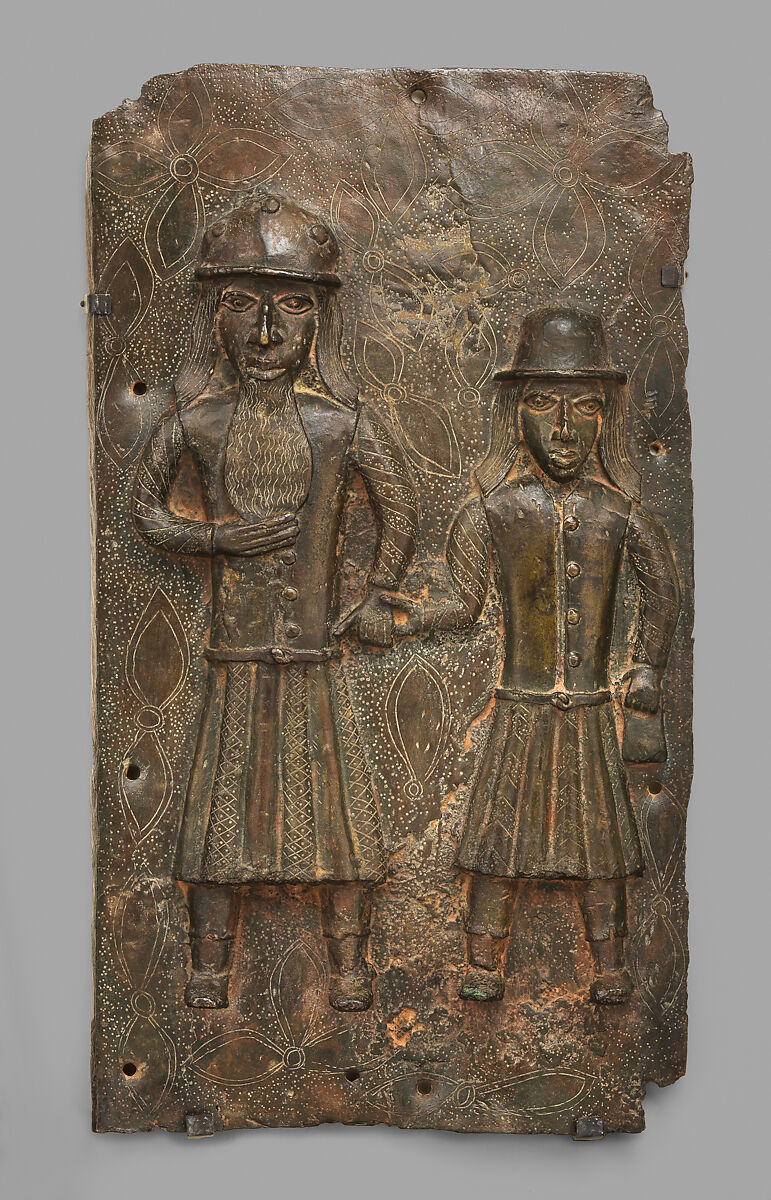 Plaque with Two Portuguese Merchants, Ìgùn Ẹ́rọ̀nwwọ̀n (brass-casting guild) artists, Brass, Edo peoples