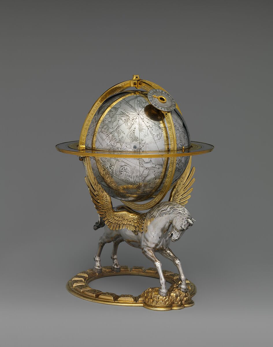 Celestial globe with clockwork, Gerhard Emmoser German, Case: partially gilded silver, gilded brass; movement: brass, steel, Austrian, Vienna