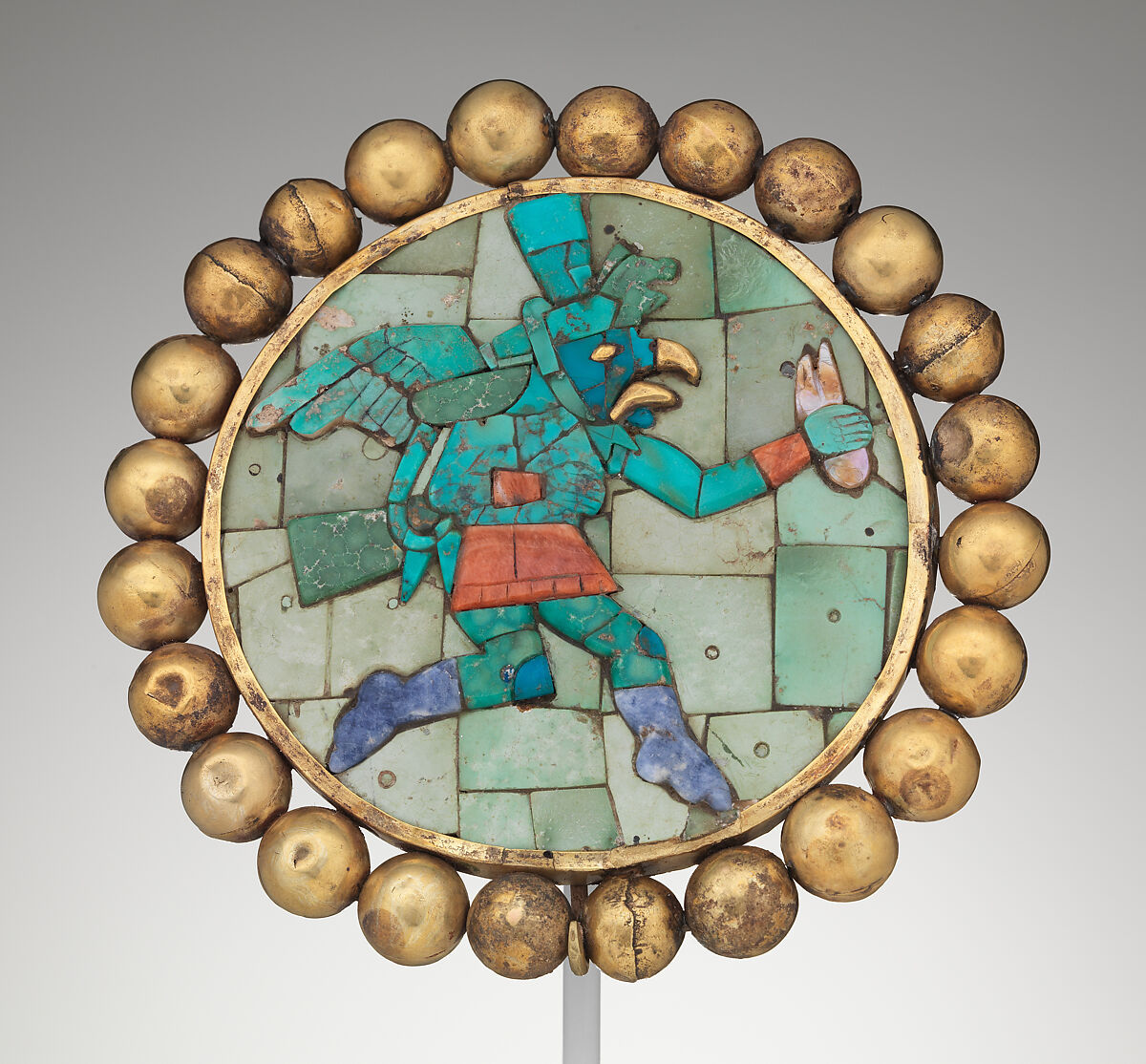 Ear ornament with winged runner, Moche artist(s), Gold, turquoise, sodalite, shell, Moche