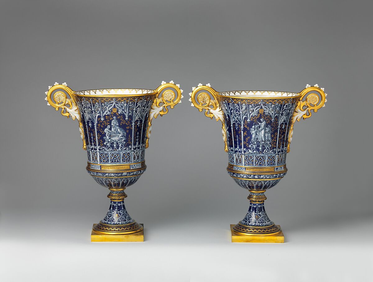 Vase (vase gothique Fragonard) (one of a pair), Alexandre Evariste Fragonard  French, Hard-paste porcelain decorated in polychrome enamels, gold, gilt bronze, French, Sèvres