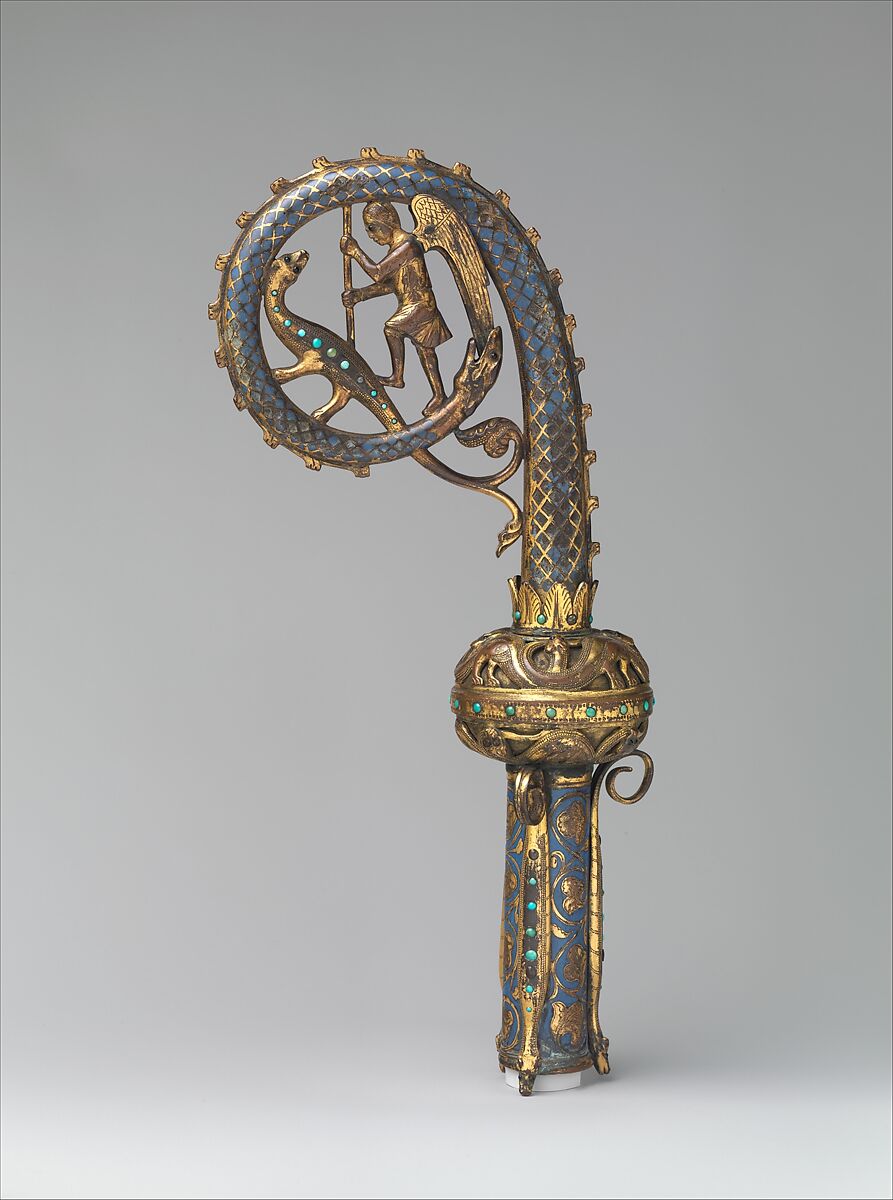 Head of a Crozier with Saint Michael Slaying the Dragon, Gilded copper with champlevé enamel and glass paste, French