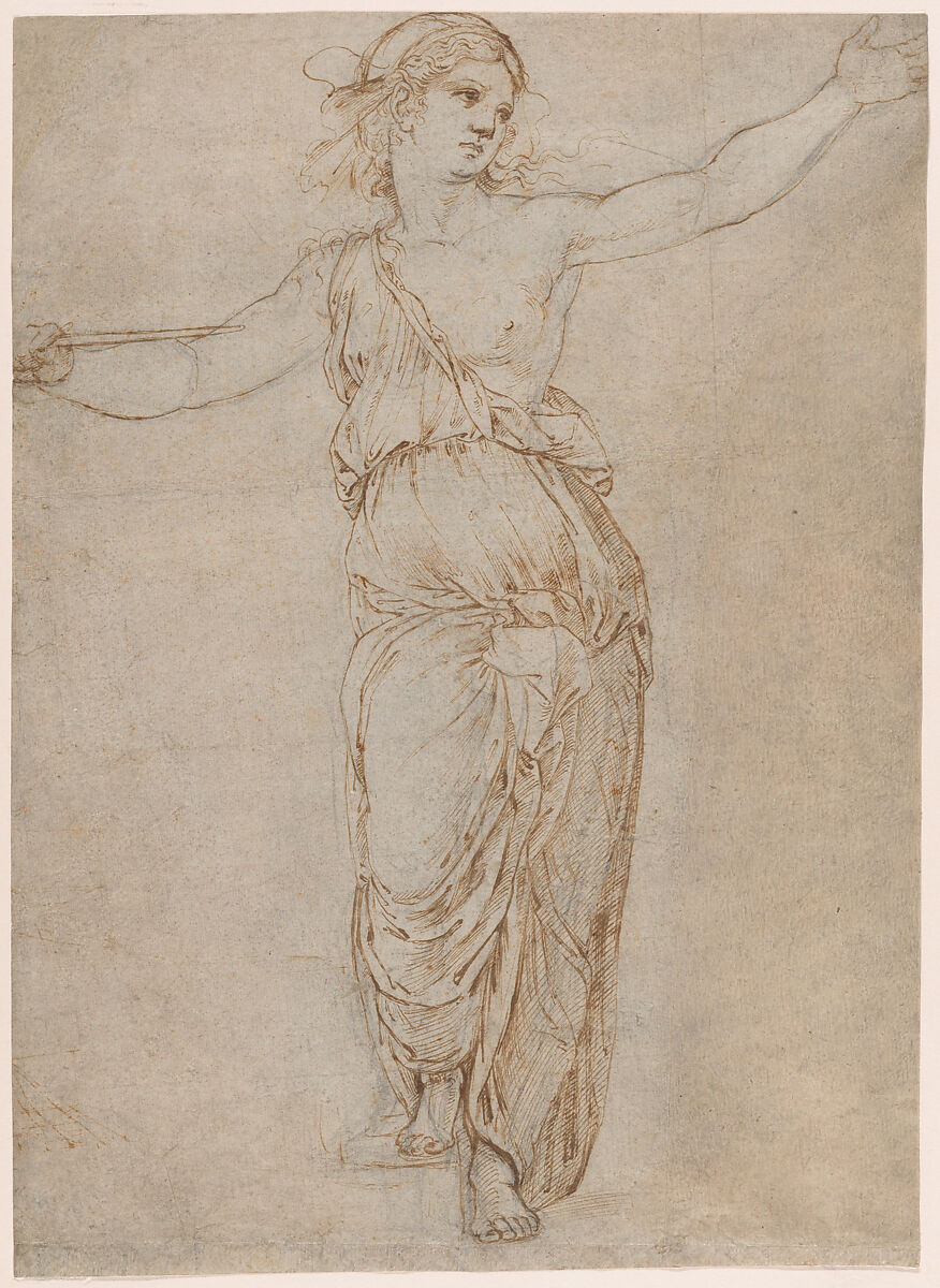 Lucretia, Raphael (Raffaello Sanzio or Santi) Italian, Pen and brown ink over black chalk, partially incised with a stylus (recto); rubbed with black chalk for transfer (verso)