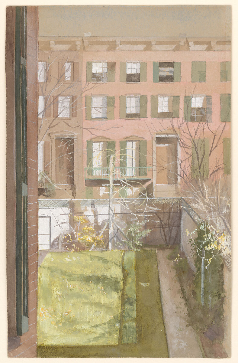 Garden View, Brooklyn, Fidelia Bridges American, Watercolor and gouache, with traces of graphite underdrawing, on tan hot-pressed wove paper, American